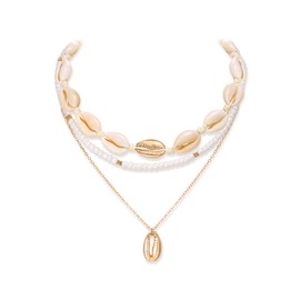 Ever Faith Shell Necklace for Women, Boho Handmade Natural Seashell Layered Choker Collar Necklaces Beach Jewellery for Summer Outfits Surfer Beachy Accessories Beige