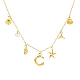 SLOONG Initial Charm Necklace 14K Gold Plated Letter Neckalce Freshwater Pearl Necklace Choker Boho Summer Seashell Beach Starfish Surfer Jewelry Gifts for Women C