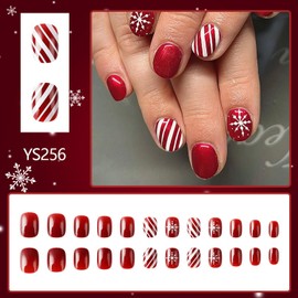 Dark Red Press on Nails Extra Short Square - Christmas Fake Nails with Christmas Snowflake Stripe Designs Glue on Nails Christmas Nails Full Cover White Artificial False Nails for Women 24Pcs