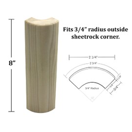 3/4" x 2 1/4" x 8" Poplar (Paint Grade) Hardwood Outside Radius Corner Base Block Bullnose - Fits 3/4" Radius, Trim Molding (8)