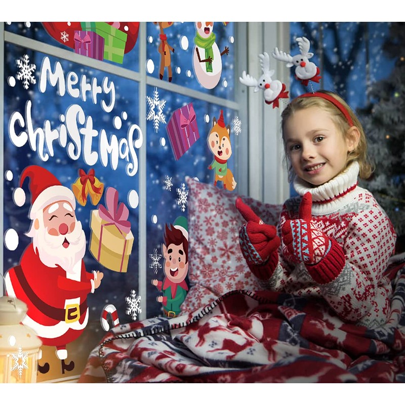FINGOOO Christmas Window Clings Stickers 8 sheets Snowflake Window Decals