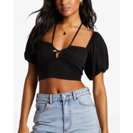 Billabong Women's Love Again Jersey Fabric Fitted Cropped Halter Top Shirt - Medium, Black