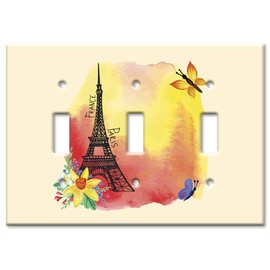 Art Plates 3-Gang Toggle OVERSIZED Switch Plate - OVER SIZE Decorative Metal Wall Plate - Eiffel Tower with Butterfly - (Made in USA)