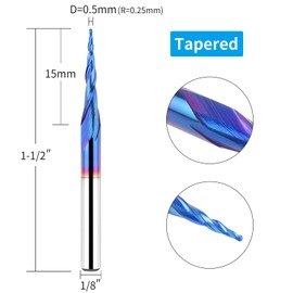 EANOSIC 5Pcs Tapered Ball Nose Carving End Mill 1/8 inch Shank 0.25MM Radius (0.5MM Diameter) Tips 3D Woodworking Tool CNC Router Bits Spiral Router Bit