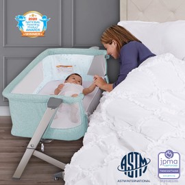 Dream On Me Skylar Bassinet and Bedside Sleeper in Mint, Lightweight and Portable Baby Bassinet, Five Position Adjustable Height, Easy to Fold and Carry Travel Bassinet, JPMA Certified