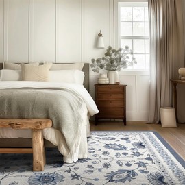 EVERGRACE Area Rugs for Living Room 8x10, Boho Floral Faux Wool Indoor Outdoor Rugs, Washable Rugs for Bedroom Dining Room Entryway Kitchen, Low Pile Floor Mat Carpet for Home Decor, Porcelain Blue