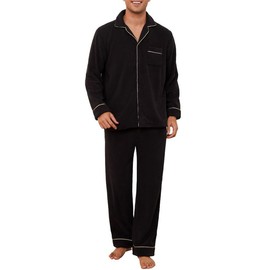 Vulcanodon Mens Fleece Pajama Set, Soft Warm Long Sleeve Sleepwear with Pockets Cozy Button-Down Pjs for Men(Black,L)