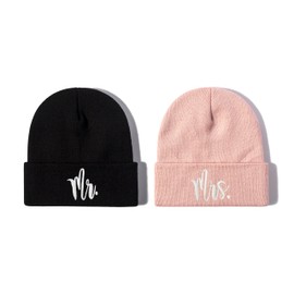 Hepandy Embroidered Mr and Mrs Beanies 2025 Hat for Men Women, Black & Pink Skullies Hood Caps, Embroidery Winter Warm Knit Knitted Hat