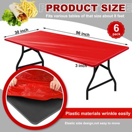 Boao 6 Pcs Disposable Plastic Tablecloth Parties Picnic Table Covers with Elastic Fitted Elastic Plastic Table Cover Rectangle Waterproof for Indoor, Outdoor, Picnic, Camping (Red,96 x 30 Inch)