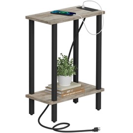 TUTOTAK Small End Table with Charging Station, Narrow Side Table with USB Ports and Outlets, Skinny Sofa Table, Slim Nightstand, Living Room, Bed Room, Greige TB01BG060