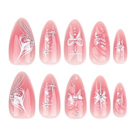 AkiliBIELY Press on Nails Almond Medium Silver Pink Bare Bow Star Pearl Ombre Fake Nails Women Glue on Nails Acrylic Gel Stick on Nails Cute Fantasy Classy Bling False Nails Wedding Birthday