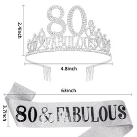 Hapdoo 80th Birthday Decorations, 80th Birthday Sash and Tiara for Women, Happy 80 Party Decorations for Women, 80 and Fabulous Birthday Decorations