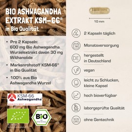 Organic Ashwagandha KSM-66 Extract | 5% Withanolides | Vegan Capsules | Water Extracted | No Additives