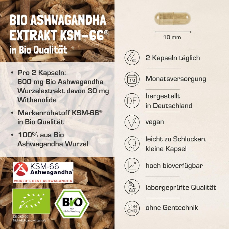 Organic Ashwagandha KSM-66 Extract | 5% Withanolides | Vegan Capsules