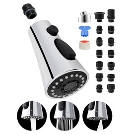 Hygie Rinse Universal Kitchen Faucet Head Replacement with 15 Adapter Kit Compatible with Kohler/Moen/Delta Faucet, 3 Function Pull Down Sink Faucet Spray Head, Chrome