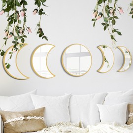 YUBAIHUI Boho Moon Phase Mirror Set for Spiritual Room Decor - Glass Moon Mirror Wall Hanging for Bedroom, Dorm, and Home Decor with Preppy and Cottagecore Vibe (Gold)