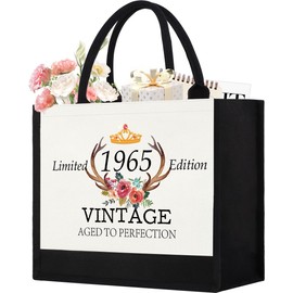 GevGuxLuo 60th Birthday Gifts for Women Canvas Tote Bag, 60 Years Old Birthday Gifts for Mom Wife Aunt Friends Her,Turning 60 Beach Bag Reusable Grocery Bag 1965 Women Tote Bag