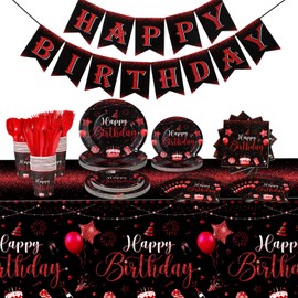 Vesici 171 Pcs Happy Birthday Party Supplies 24 Set Disposable Party Tableware include Plates Cups Napkins Cutlery and Banner Tablecloth Birthday Dinner Decorations for Men Woman(Black, Red)