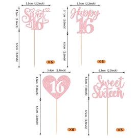 Paquete de 24 dulces 16 adornos para magdalenas, dulces dieciséis corazones de amor, 16 púas para tartas de 16 cumpleaños, aniversario, fiesta, decoración de magdalenas, color rosa claro
