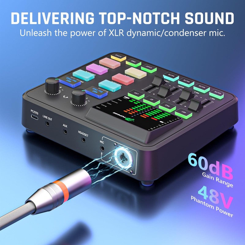 PUPGSIS Gaming Audio Mixer, Audio Interface with Pro-preamp, 48V Phantom