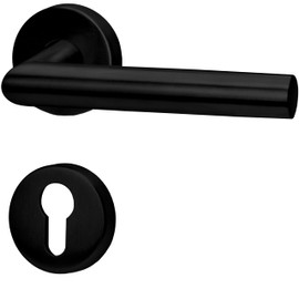 lockzz Würzburg-II Door Handle Set Stainless Steel Black Matt Door Fitting for Apartment Entrance Doors on Both Sides Round Rosette, L-Shape, PZ Profile Cylinder