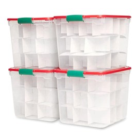 HOMZ 4-Pack Holiday Tote, Clear Plastic Storage Bins w/ Lids & Dividers, 31 Quart, Red - Stackable Organizing Containers for Home, Garage, and Office