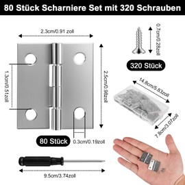 Nadisean Pack of 80 Foldable Hinges, 23 x 25 mm Small Hinges, Stainless Steel Hinge with 320 Screws, 1 Screwdriver & Storage Box, Mini Hinge for Small Jewellery Box, Dollhouses, DIY