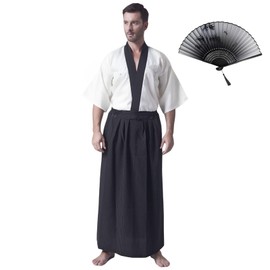 KRUIHAN Japanese Kimono Men's Yukata Kimono Robe Japanese Traditional Samurai Uniform Cosplay Costume Japanese Style Clothing Haori Jacket Top Hakama Skirt Set, One Size, beige