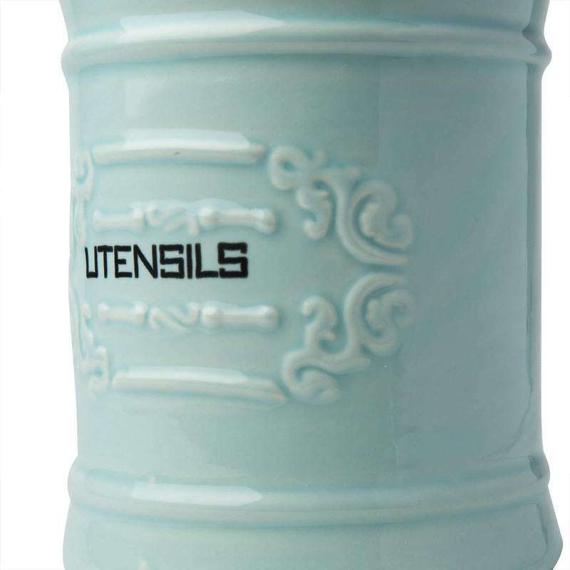 French Blue Ceramic Utensil Holder - Vintage Style Kitchen Utensil