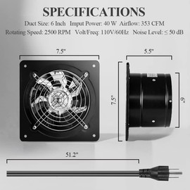 WiseWater 6 Inch Exhaust Fan, 110V Wall Mounted Exhaust Fan, Low Noise 353 CFM Extractor with Variable Speed Controller for Kitchen, Bathroom, Smoking Room, Garage, Greenhouse, Attic, Farm