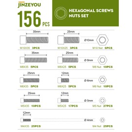 M4 M5 M6 M8 M10 Screws Set, 156 Pieces Stainless Steel Screws Cylinder Screws with Hexagon Socket Screws with Nuts, Threaded Screws Nuts Set, Machine Screws Assortment, with Hex Nuts