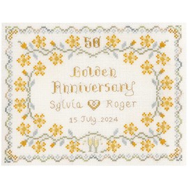 Lifetime Samplers & Decorative Textiles Golden Wedding Anniversary Sampler for 50 Years of Marriage - Complete Cross Stitch kit on 14 aida with Clear Colour Chart