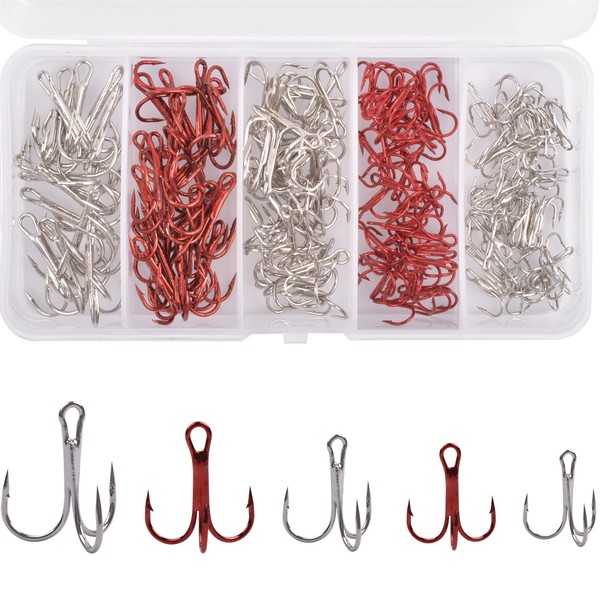 Fishing Treble Hooks Kit, 150pcs Sharp Red Treble Fishing Hooks Round Bend Treble Hooks High Carbon Steel Fish Hook Silver Red Coated for Catfish Bass Trout Freshwater Saltwater Fishing