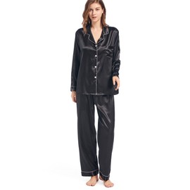 Fivali Womens Silk Satin Pajamas Long Sleeve Pj Set Two-piece Sleepwear Silky Button-down Nightwear Soft Loungewear Sets, L Black