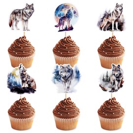 Cyodoos - Paquete de 24 decoraciones de lobo para tartas de lobo, decoraciones de fiesta de lobo, decoración de fiesta de cumpleaños, boda