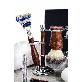 Wooden Luxury Shaving/Grooming Kit for Men's. This set comes with 10 pieces. Gillitte Fusion Razor, Badger Looking Hair Brush, 3 Ring Brush and Razor Holder/Stand, Shaving Bowl and Soap, Scissors, etc.) Perfect Gift Set For Him