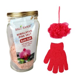 Himalayan Pink Bath Salt Bundle: Bath Salt, Rose Infused Exfoliating Bath Glove, Bath Sponge in Gift Bag (Pink Hearts)