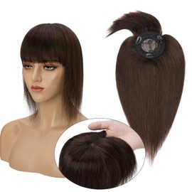 MY-LADY Top Hairpieces for Womem with Bangs Natural Mono Base Topper 100% Real Human Hair Clip in on Hair Piece Straight Middle Part for Hair Loss Thinning Hair Gray 20 Inch #2 Dark Brown
