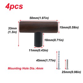 Antrader 4-Pack Walnut Wood Drawer Pulls, Single Hole T Kitchen/Wardrobe/Cabinet Door Pull Handle with Mounting Screws, 1.97" Total Length