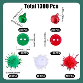 SUNNYCLUE 1300Pcs Mini Christmas Craft Embellishments,600Pcs White Red Green Pom Poms Balls 300Pcs Resin Buttons 400Pcs Tiny Xmas Tree Bells for DIY Art Craft Sewing Projects Party Decoration Supplies