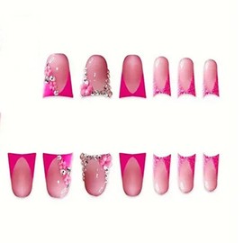 24 Pcs Press on Nails Short Square,YIHONGYAN Fake Nails Press ons Nail Tip Acrylic Kit Glue on Nails Full Cover Pink Duck Mouth False Nails with Flower Rhinestones Design Stick on Nails for Woman