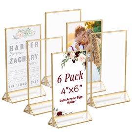 Ayuanb Gold Acrylic Sign Holder 4x6 Inch, 6 Pack Gold Acrylic Picture Frames, Clear Double Sided Menu Holder, Wedding Table Number Frames Vertical for Wedding Reception, Party Decoration,Restaurant Signs