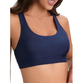 brasier deportivo de natación con espalda cruzada para mujer, cuello alto, parte superior de bikini negro para entrenamiento, traje de baño acolchado solo, marino, Large