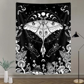Moth Vertical Tapestry Black And White Tapestry for Bedroom, Aesthetic Boho Mushroom Butterfly Small Tapestries, Tarot Moon Phase Witchy Tapestry Wall Hanging For Living Room Apartment Decor 40X60 In