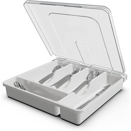 Silverware Tray with Lid, Utensil Drawer Organizer for Kitchen Countertop Plastic Flatware Organizers and Storage holder 5 Compartments White - Color: black
