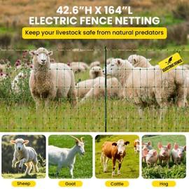 Electric Fence Netting, 42.6" H x 164'L Electric Anti-Predator Poultry Fence, PE Net Fencing Kit with 14 Posts Double Spiked, Movable Livestock Nets for Sheep, Hogs, Cattle and Other Poultry