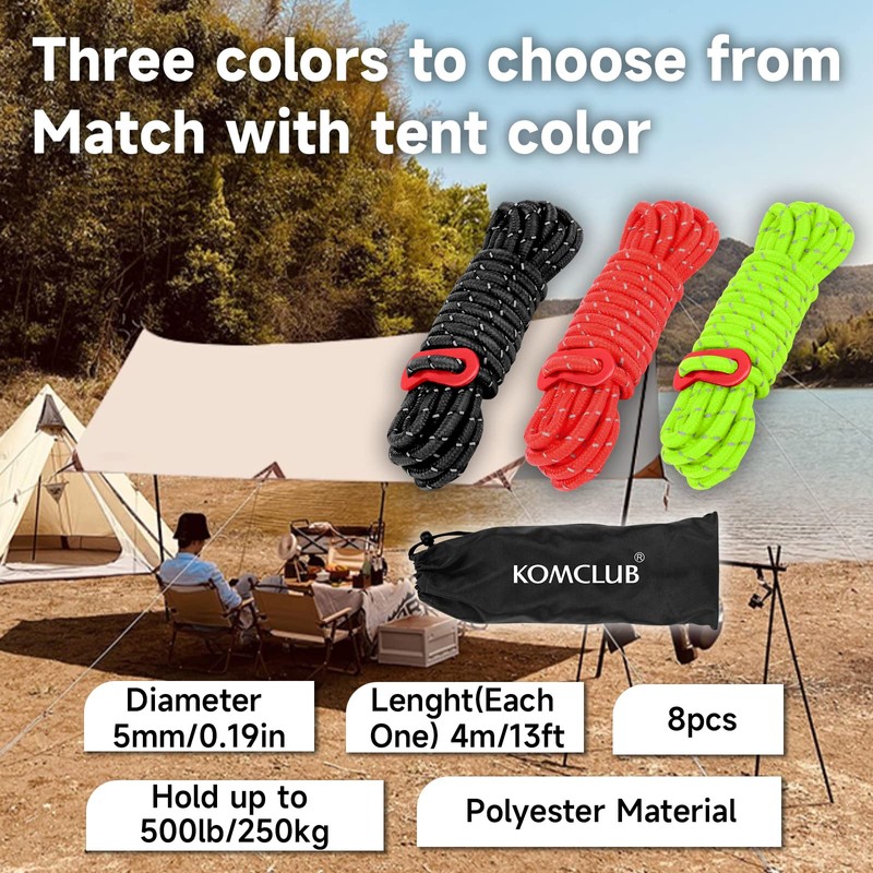 KOMCLUB 4mm Reflective Guy Lines Tent Cords, Lightweight Camping Rope