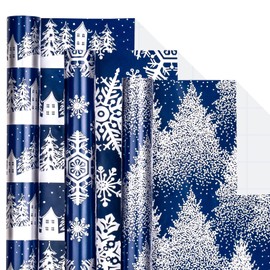 LeZakaa Navy Christmas Wrapping Paper Min Roll, Snowy Woodland Scenes House Snowflake Tree Holiday Gift Wrap, Arts Craft, for Xmas Winter Party Men Women, 17 x 120 inches, 3 Rolls