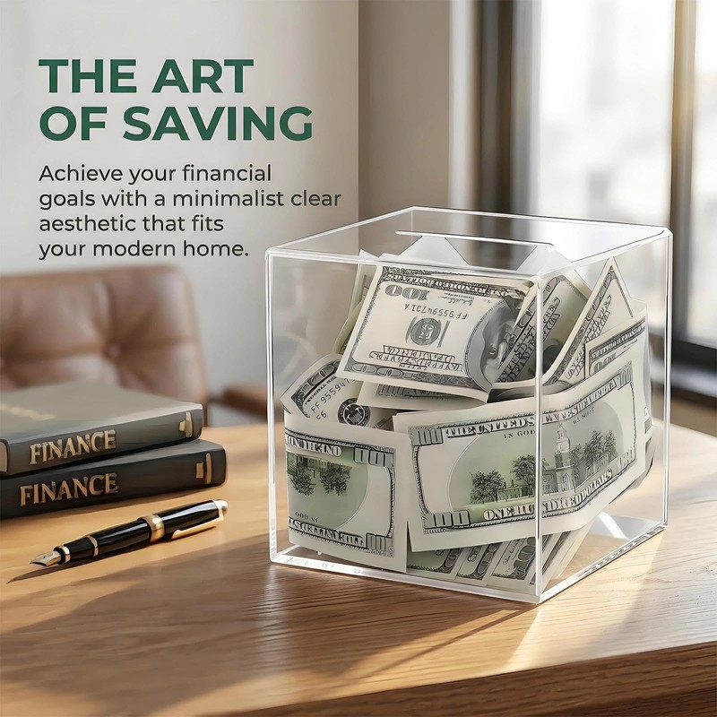 Clear Acrylic Money Box, 12X12X12cm Square Money Saving Box, Unopenable