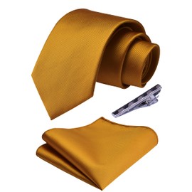 Branduce 3.15"（8cm）Men's Solid Color Necktie and Pocket Square Tie Clip Wedding Business Sets + Gift Box, Old Gold, general